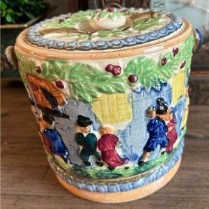 Colorful Majolica Lidded Biscuit Jar with Dancing Figures.